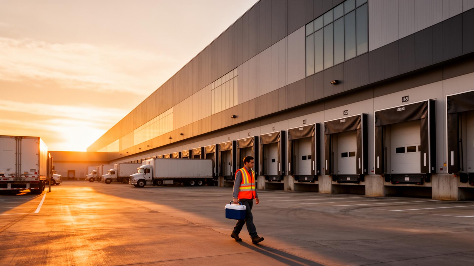 Sunrise at a distribution center as a warehouse worker in a hi-vis vest arrives for the morning shift.