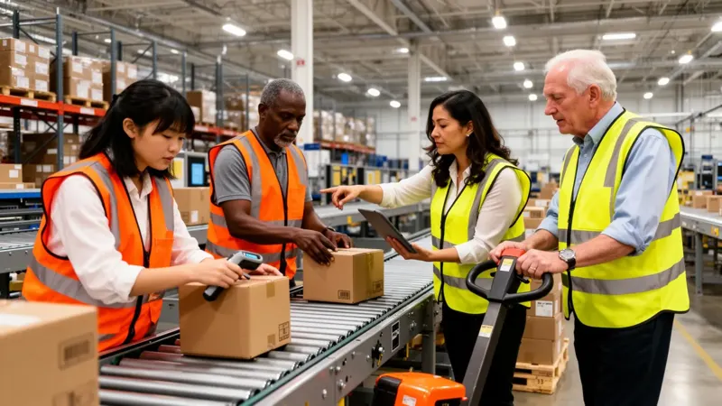 Productive warehouse crew of four diverse workers collaborating at a pick station inside a modern fulfillment center.