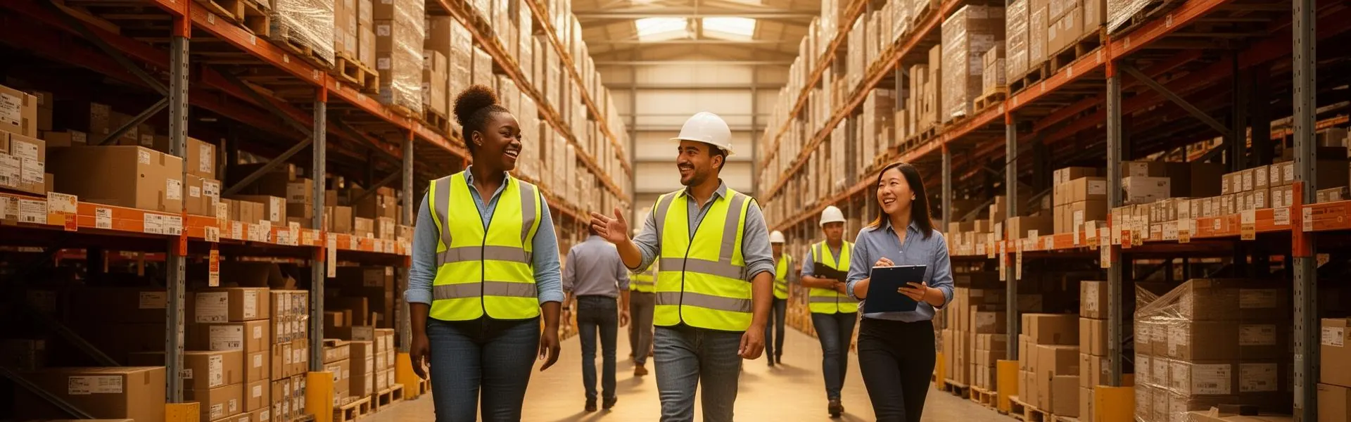 Three smiling warehouse workers walking through a sunlit pallet-rack aisle in a distribution center.