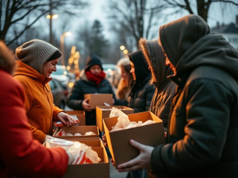 Volunteers handing out boxes of food at a community drive.