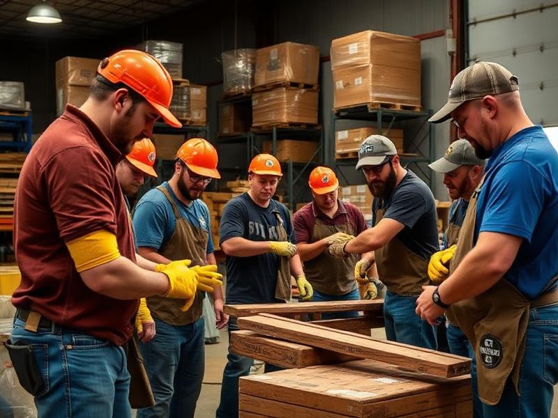 A warehouse crew in work gloves building and lifting together at a service event.