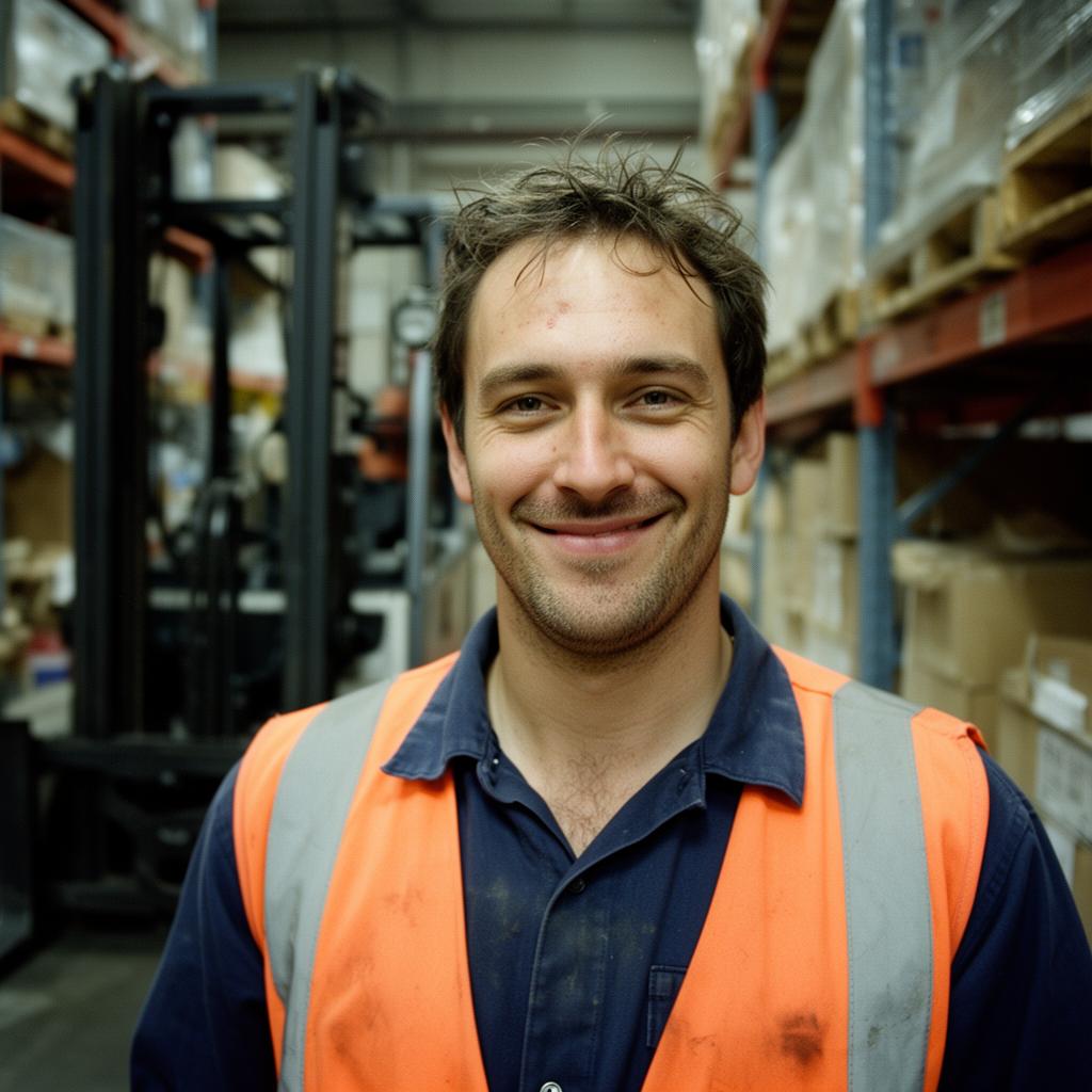 Portrait of a man in an orange hi-vis vest at a warehouse.