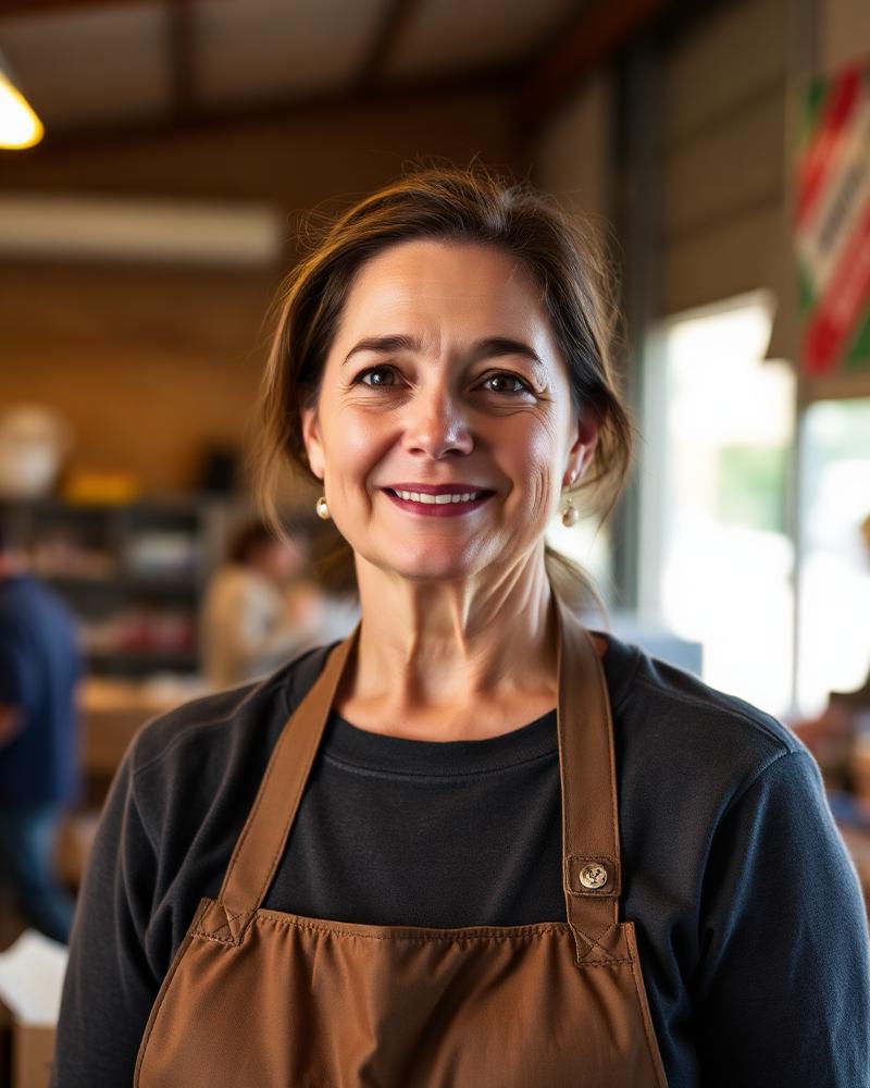 Portrait of a woman volunteering at a community food bank.