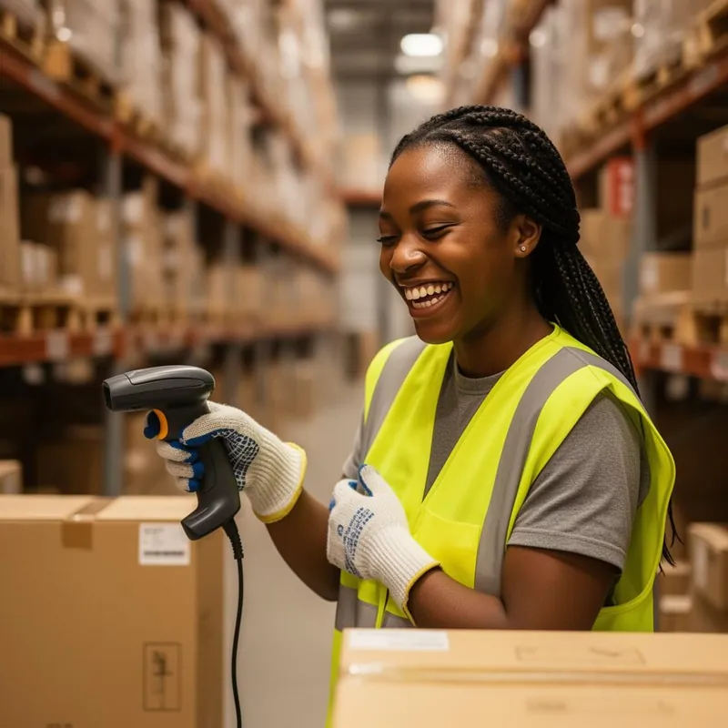 Aisha, a young Black woman picker-packer laughing while scanning a package in a warehouse pick aisle.