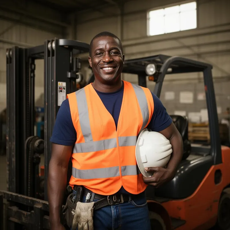 Marcus, a smiling Black forklift operator in an orange hi-vis vest, holding his hard hat in front of a warehouse forklift.